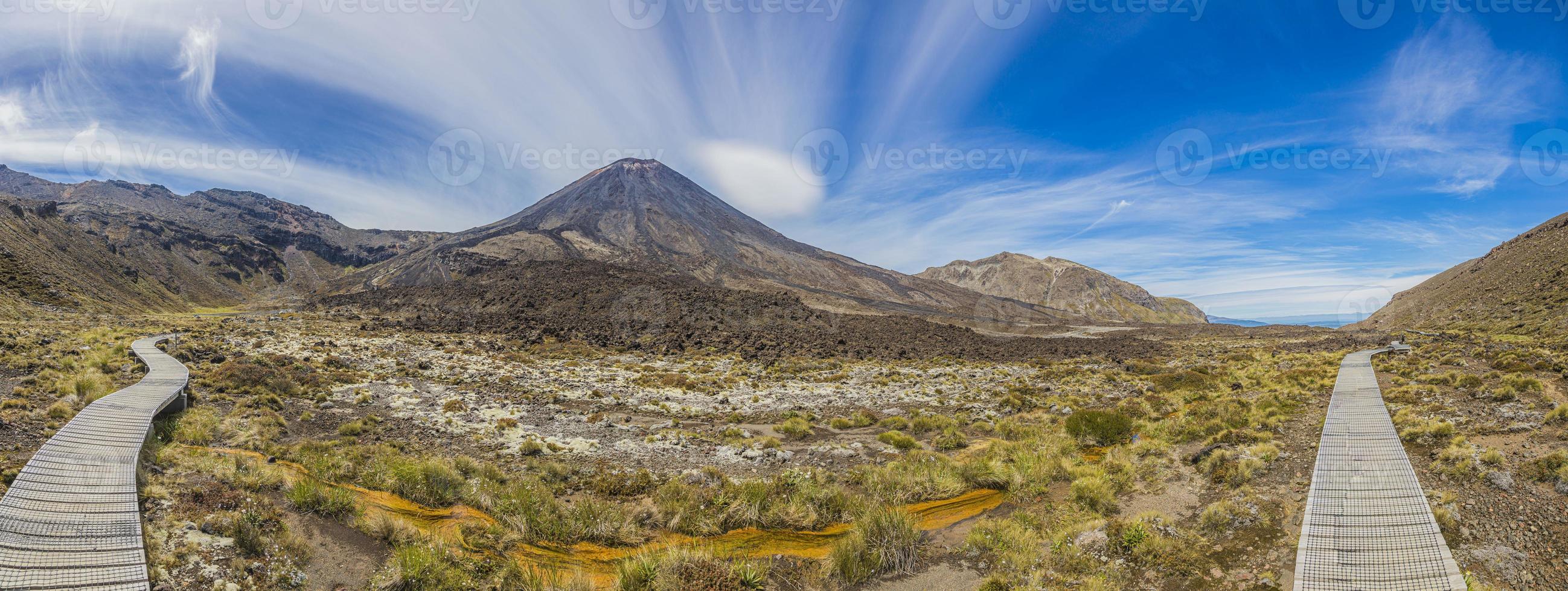 Panoramic picture of Mount Ngauruhoe in the Tongariro National Park on northern island of New Zealand in summer photo