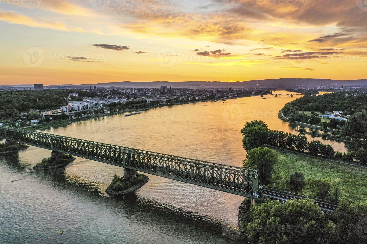 Aerial picture of main river mouth and the city of Mainz during sunset photo