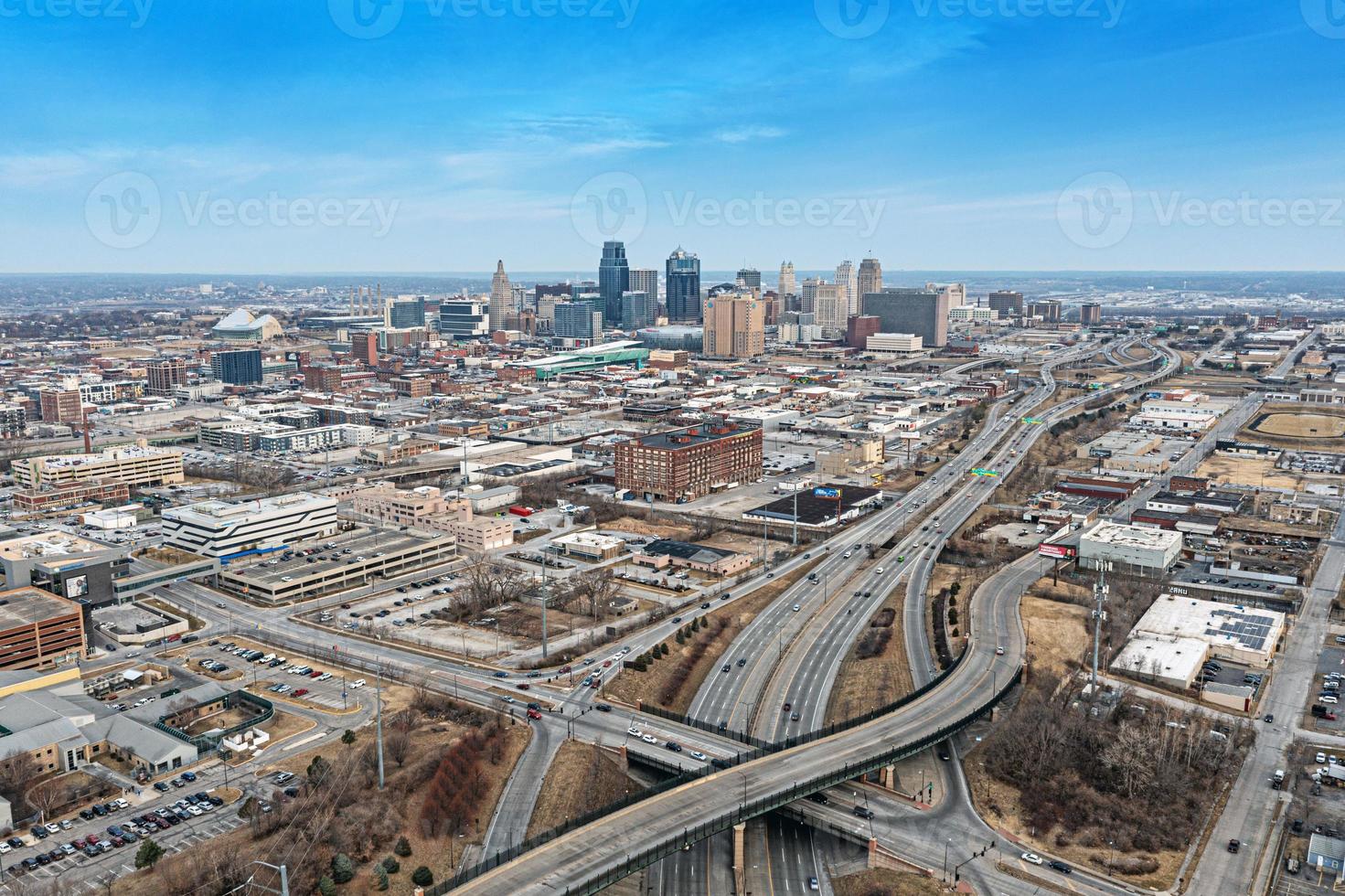 Drone panorama of Kansas City skyline during sunrise photo