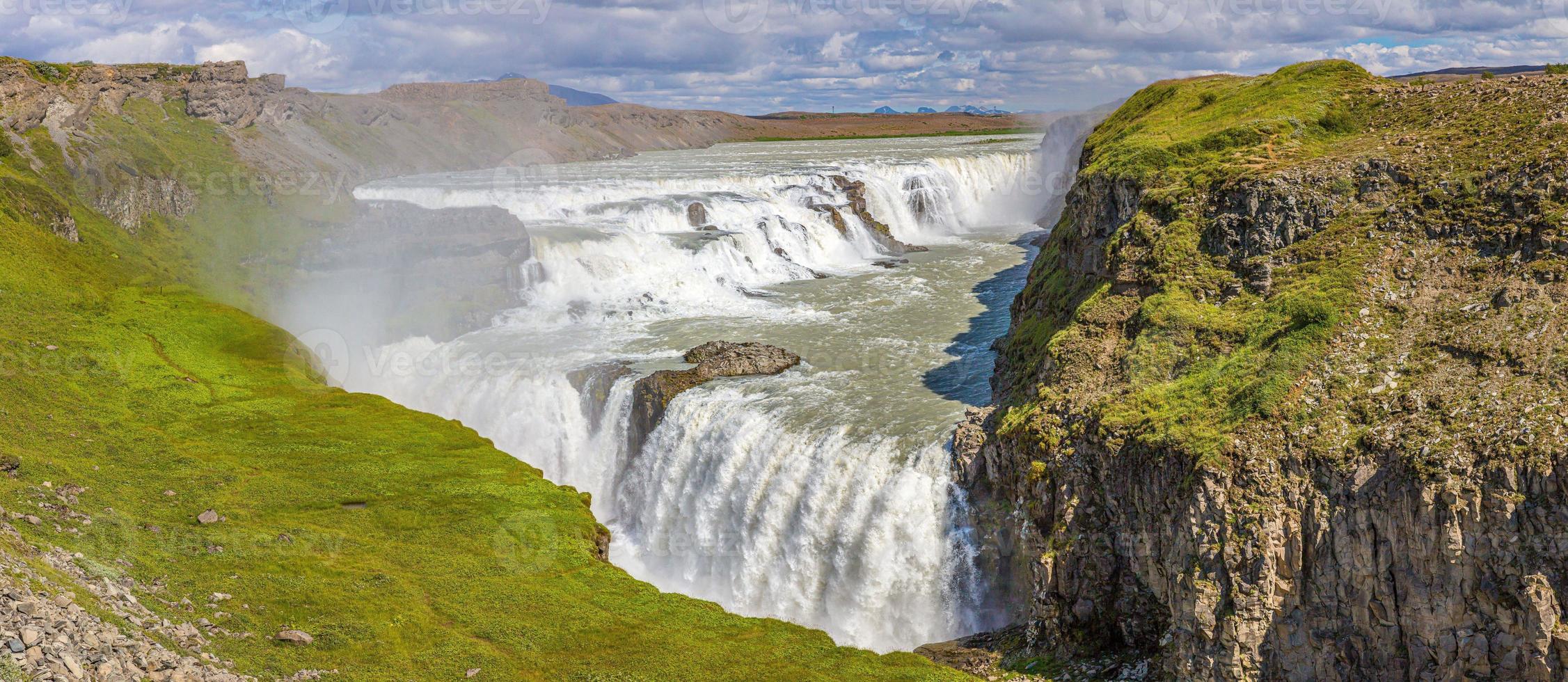 Panoramic picture of Gulfoss waterfall without people in summer during daytime photo