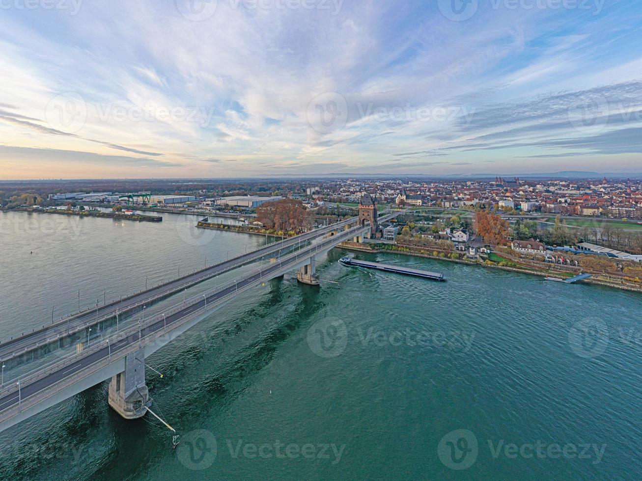 Aerial view of the Nibelungen Bridge in Worms with a view of the city gate photo