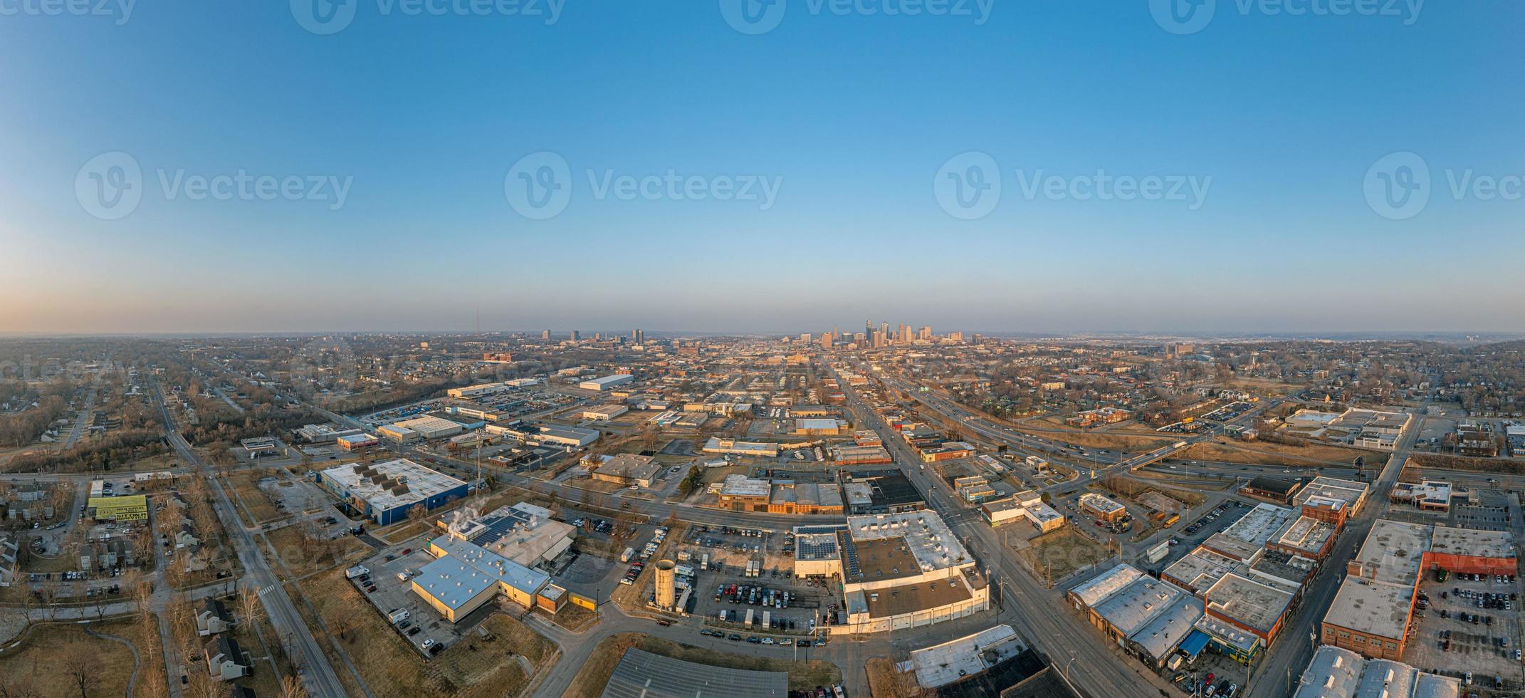 Drone panorama of Kansas City skyline during sunrise photo