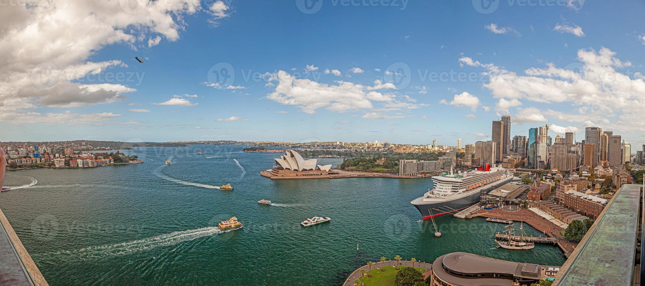 Aerial panoramic view of Sydney harbor from Harbor Bridge with skyline, opera house and cruise terminal photo