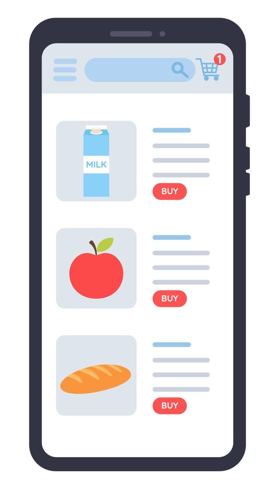 compras de comestibles en línea. comprar productos alimenticios comestibles en la aplicación móvil en la pantalla del teléfono inteligente compras en línea. vector