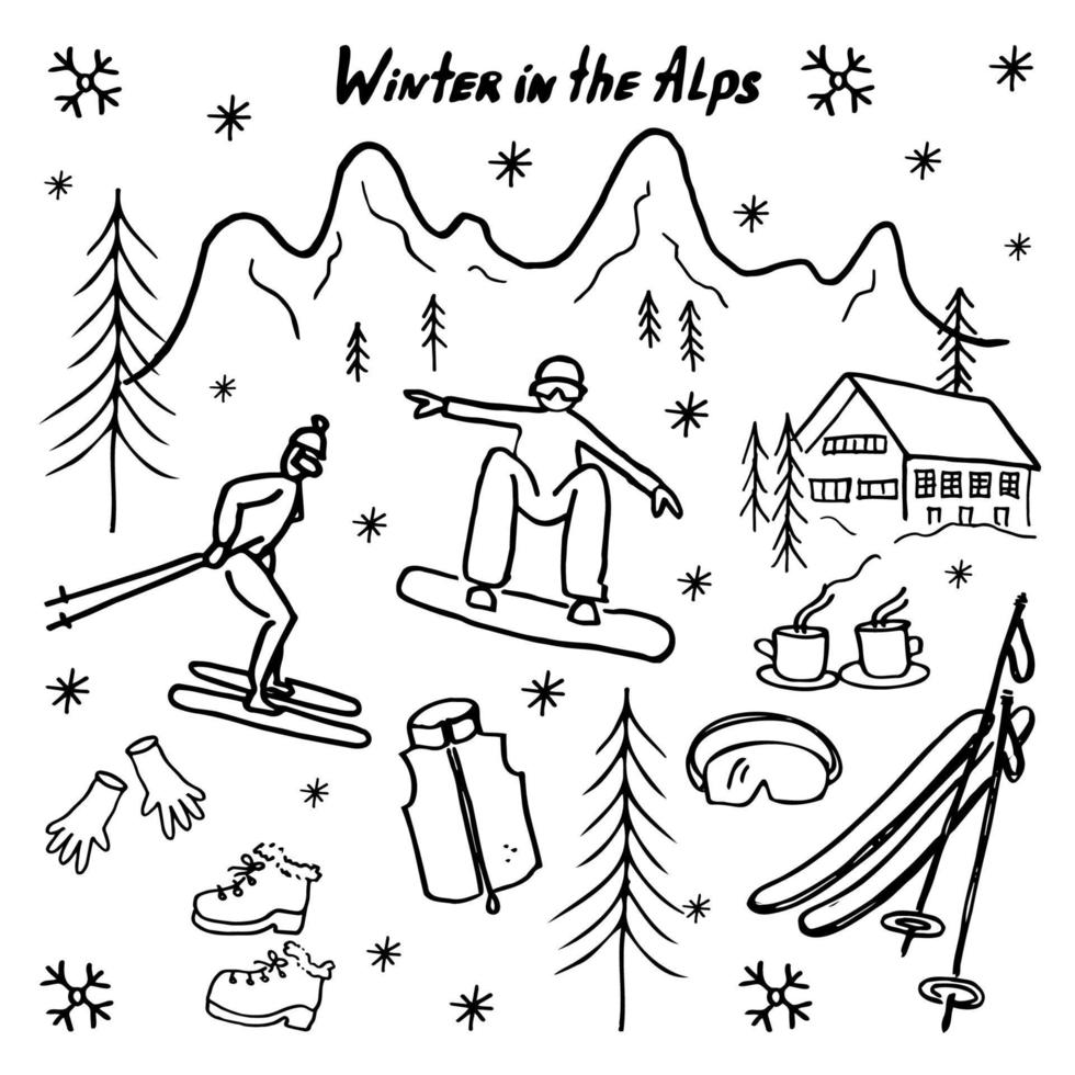 dibujos de garabatos de vacaciones de invierno en las montañas alpinas, snowboarder, esquiador, chalet y ropa de invierno sobre un fondo blanco. invierno en el vector de los alpes