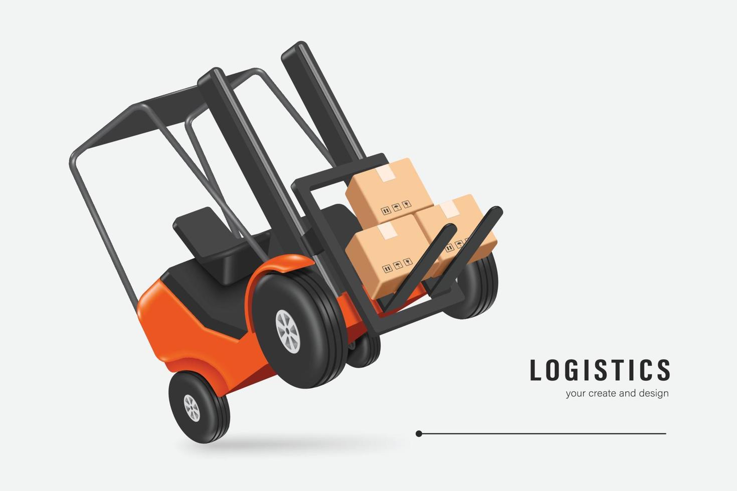 Orange-black forklift is lifting brown parcels boxes stacked on top of each other and it's all about to go up in air vector