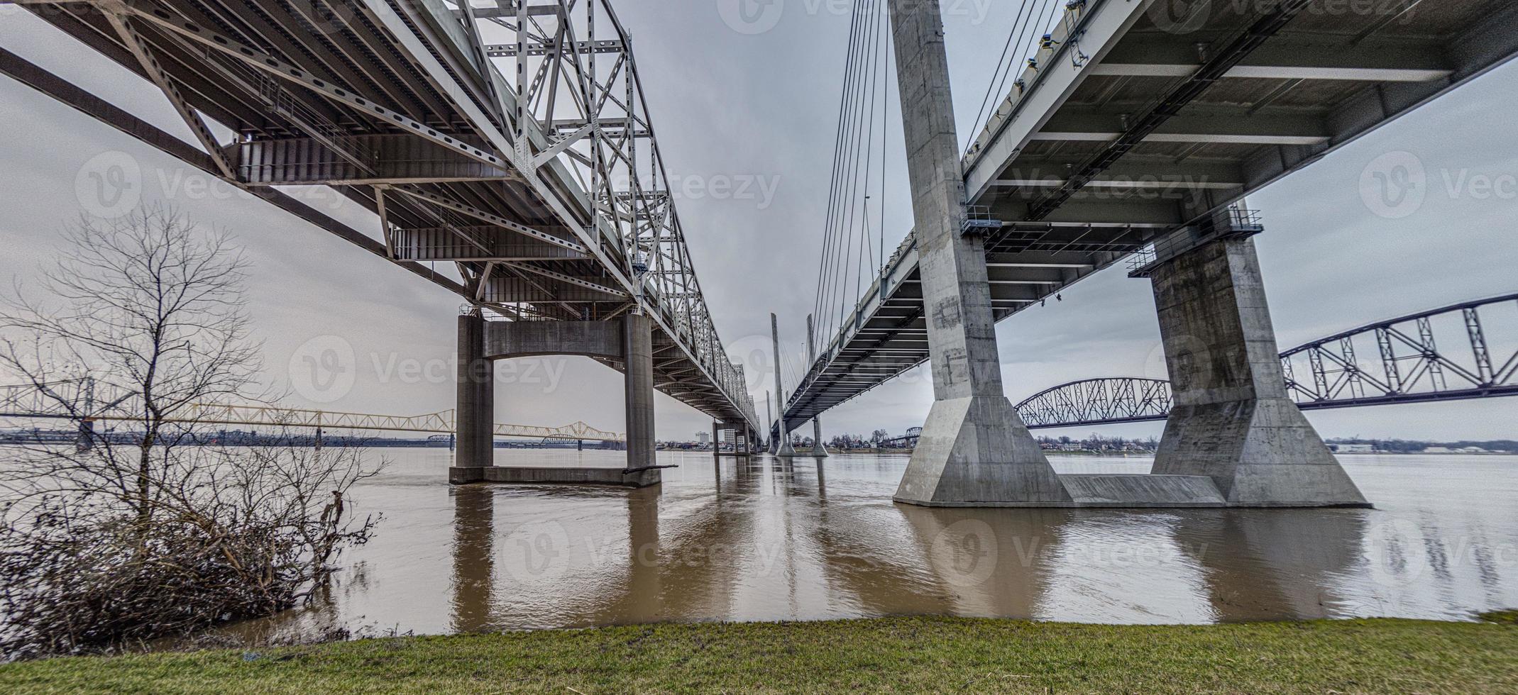 Ground perspective view on John F. Kennedy Memorial Bridge and Abraham Lincoln Bridge in Louisville during daytime photo