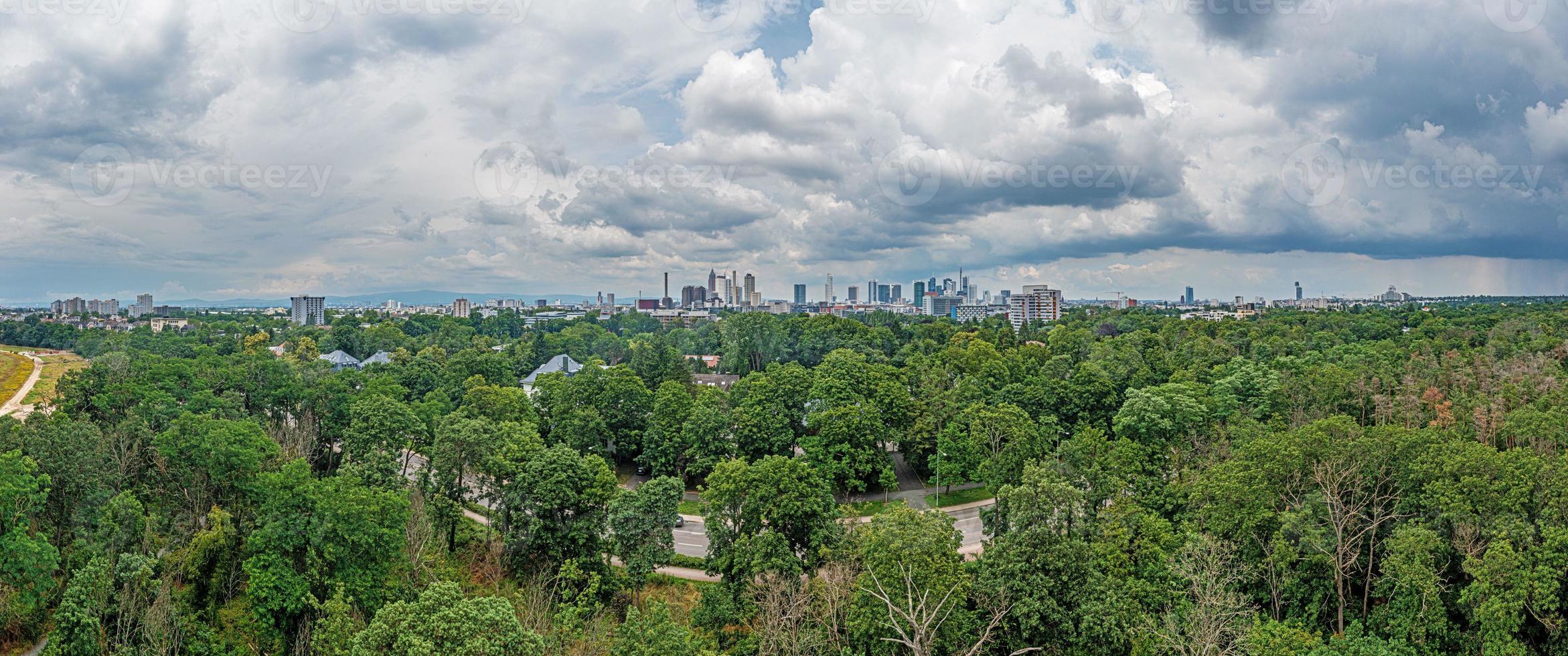 Drone panorama over the Frankfurt skyline taken from the south during an approaching thunderstorm photo
