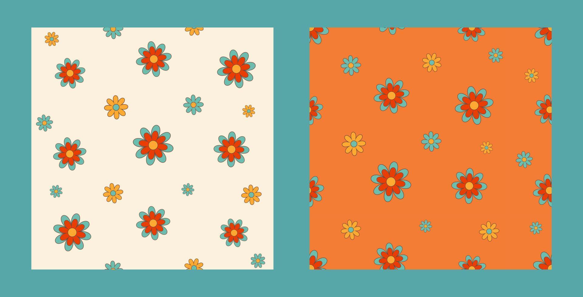 Set of abstract seamless patterns with vintage groovy flowers. Seventies Style, Wallpaper, textile. Flat Design, Retro, Hippie Aesthetic. vector