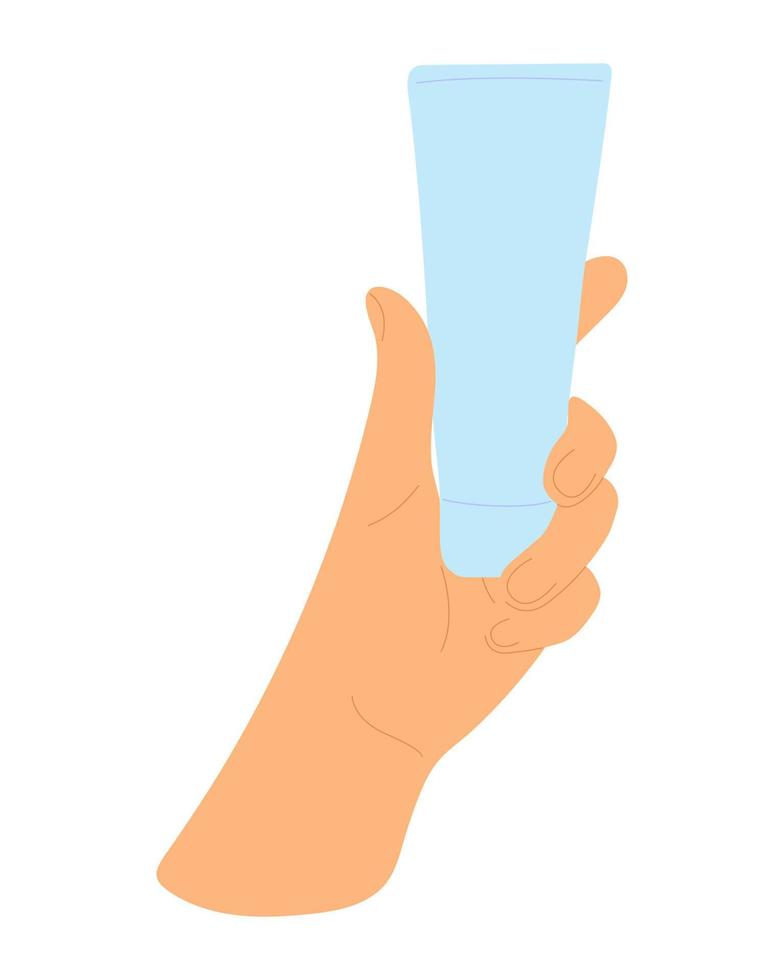 Hand holds cosmetic tube, template, mockup, organic care oil-cream-lotion, packaging. vector