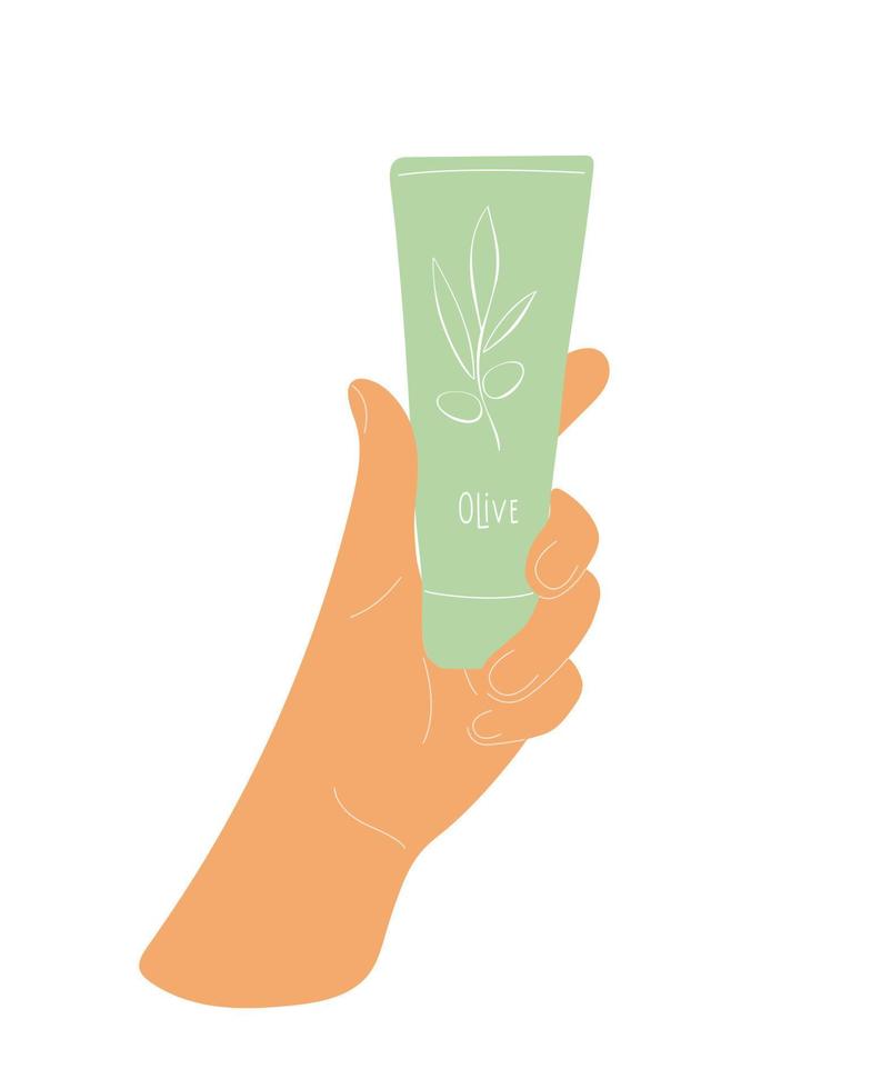 la mano sostiene el tubo cosmético con rama de aceitunas, plantilla, maqueta, loción de crema de aceite de cuidado orgánico, empaque. vector