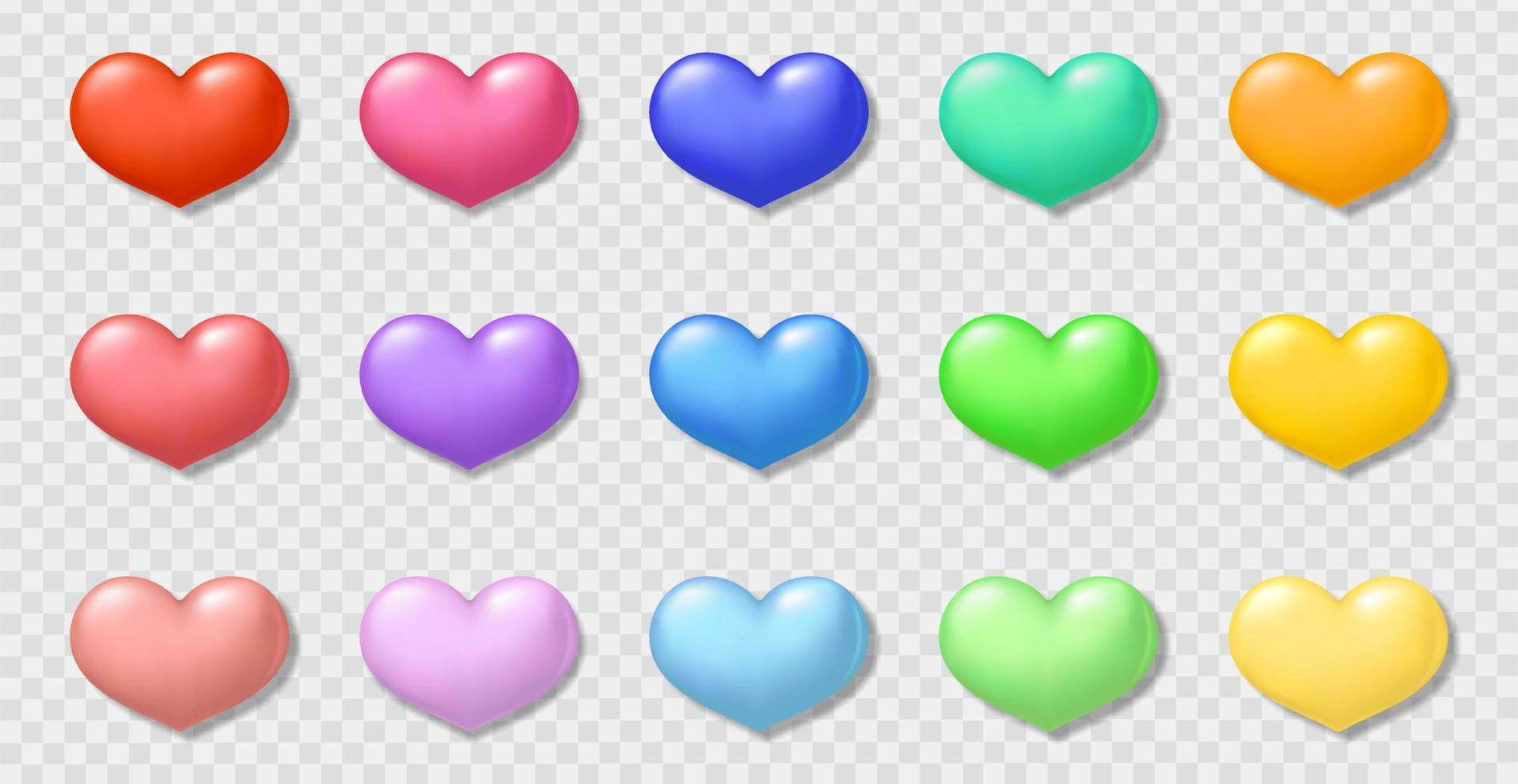 colección de lindos corazones 3d coloridos aislados en fondo transparente. vector