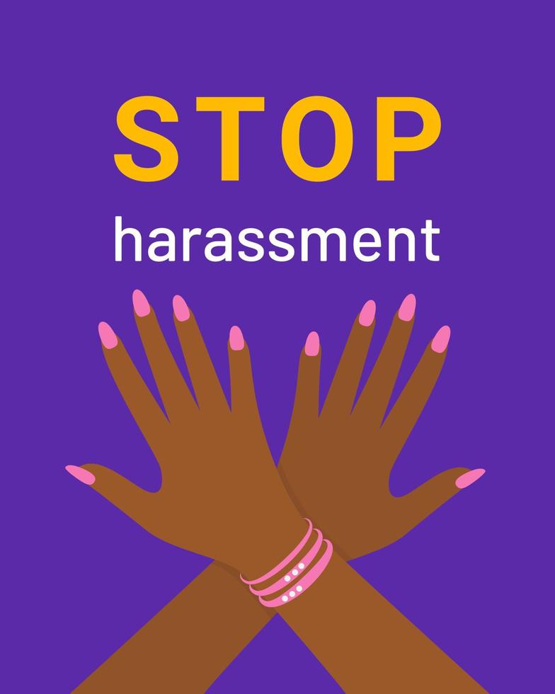 carteles y pancartas para detener el acoso sexual, los brazos de las mujeres de piel oscura se cruzan en señal - prohibido. vector