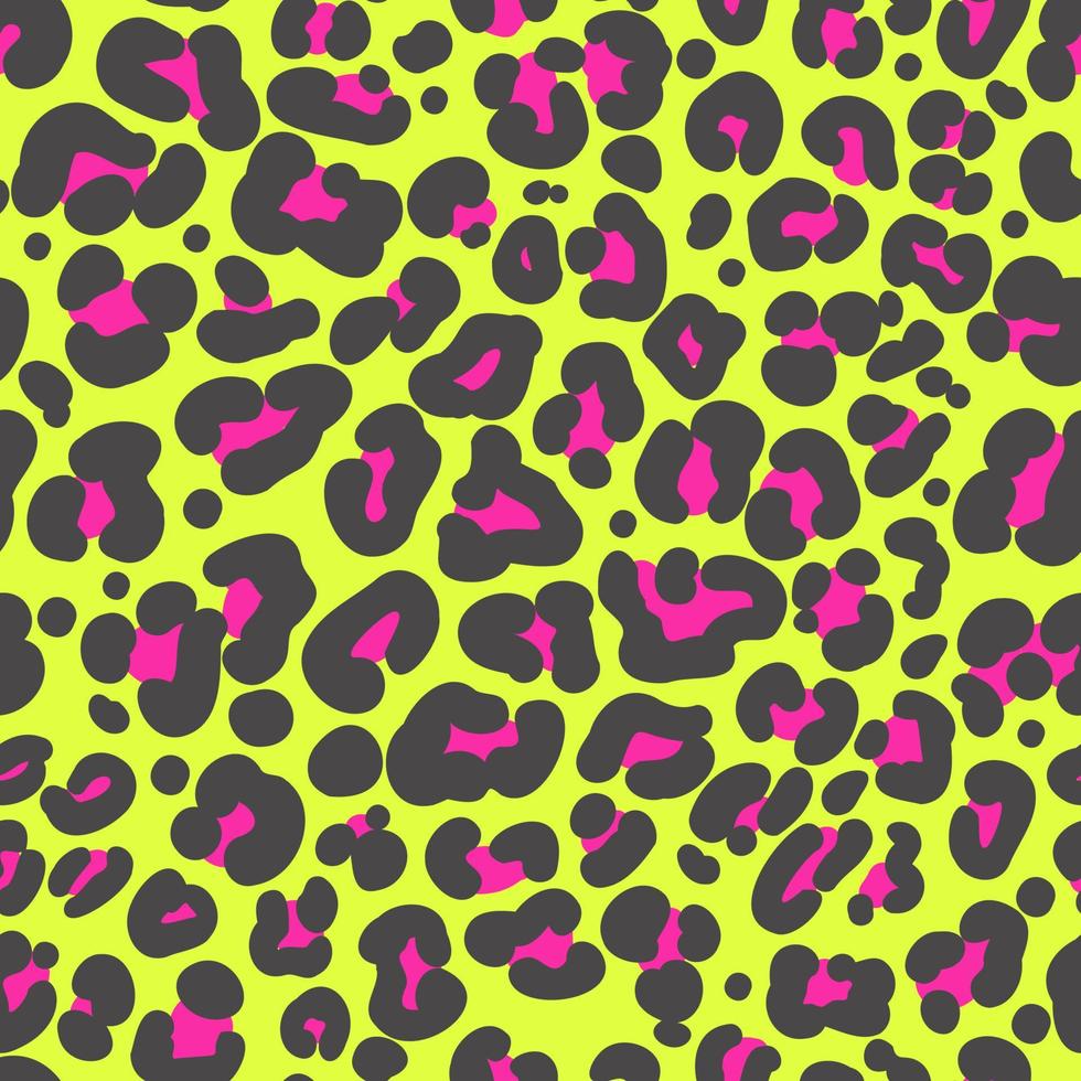 patrón sin costuras con estampado de leopardo. diseño de piel de guepardo neón 80 90s. manchas negras y rosas sobre fondo amarillo brillante. vector