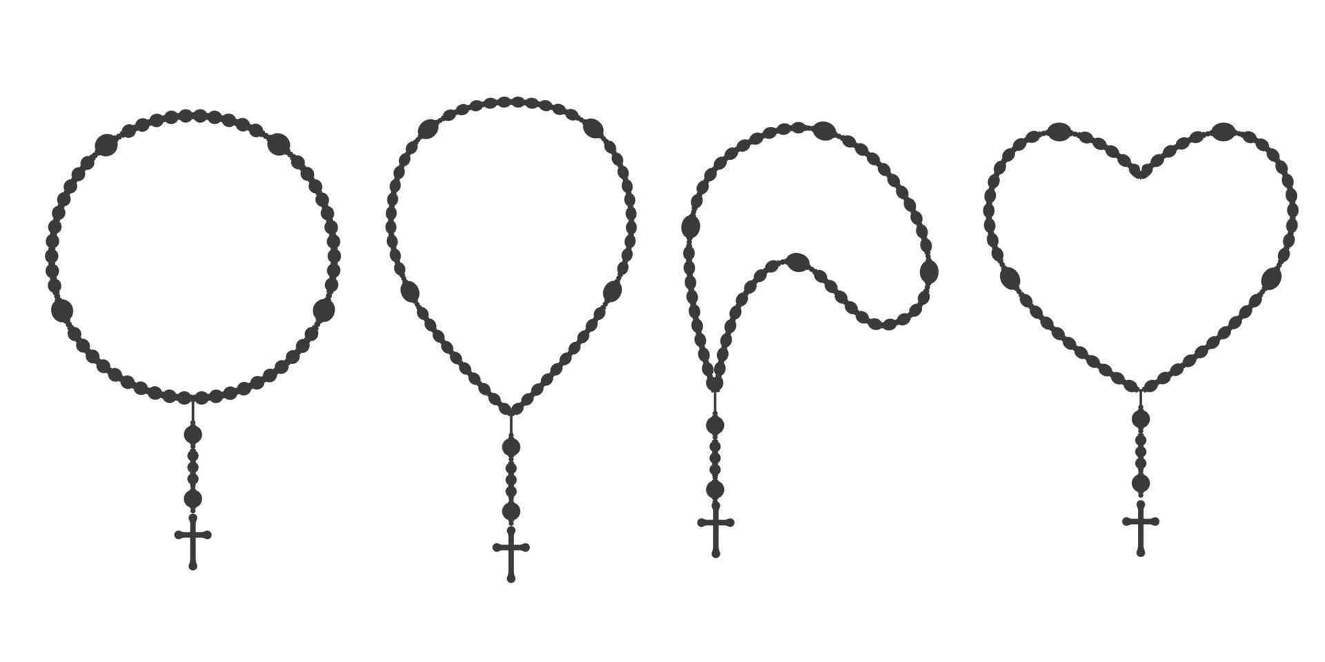 juego de siluetas de cuentas de rosario. joyas en forma de corazón de oración para la meditación. Coronilla católica con una cruz. símbolo de la religión. ilustración vectorial vector