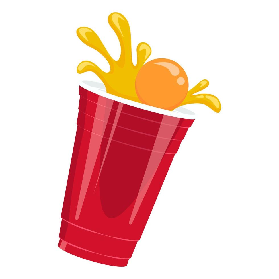 ilustración de pong de cerveza roja. vaso de plástico y bola con cerveza salpicada. juego de beber fiesta tradicional. vector