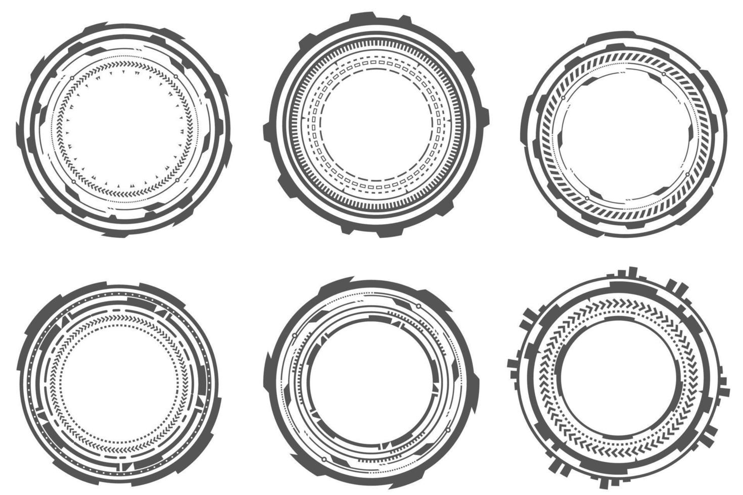 HUD futuristic elements. Abstract optical aim. Circle geometric shapes for virtual interface and games. Camera viewfinder for sniper weapon. Vector set