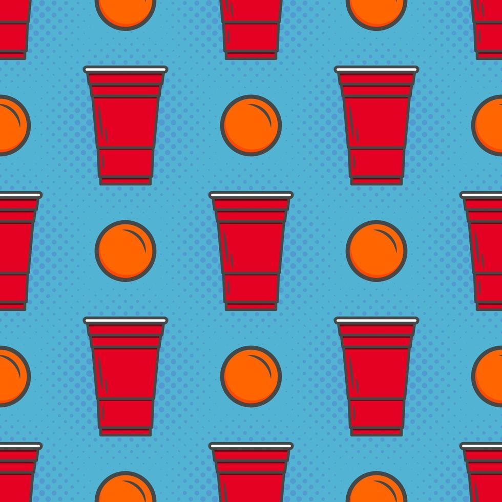 Patrón sin costuras de cerveza pong. vasos de plástico rojo sobre fondo azul. famoso juego de beber fiesta americana. fondo vectorial vector