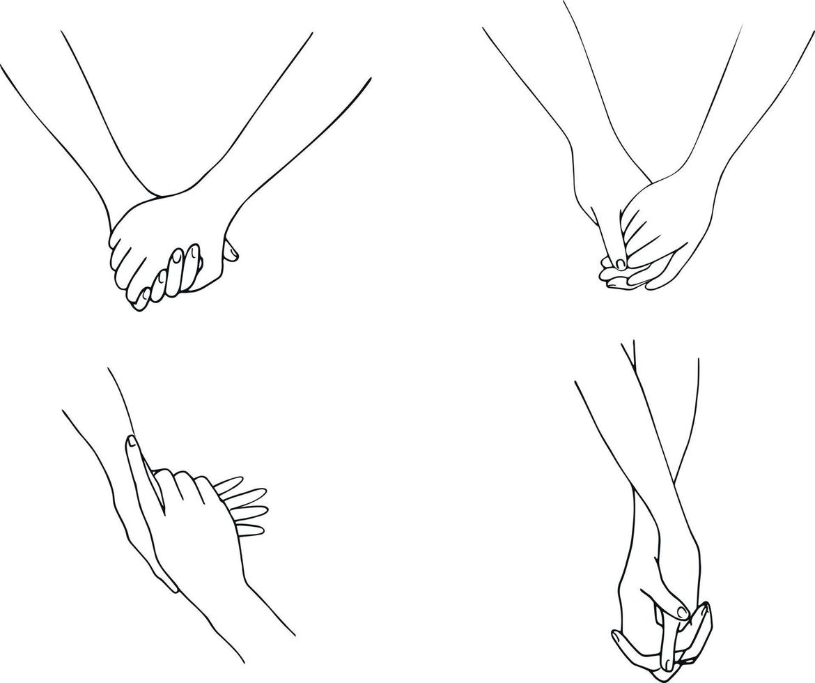 Hand drawn hands isolated on white background. Hand in hand. One line contour drawing. Outline holding hands. Hands of lovers. Vector illustration