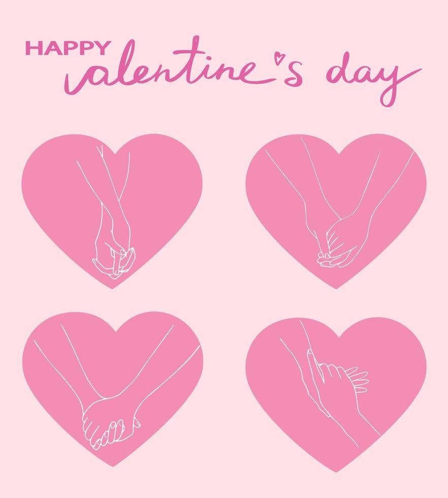 Happy Valentines Day love card. Holding hands set. Heart shapes. Hand in hand. Handwriting. Love theme. Romantic. Hand drawn art vector