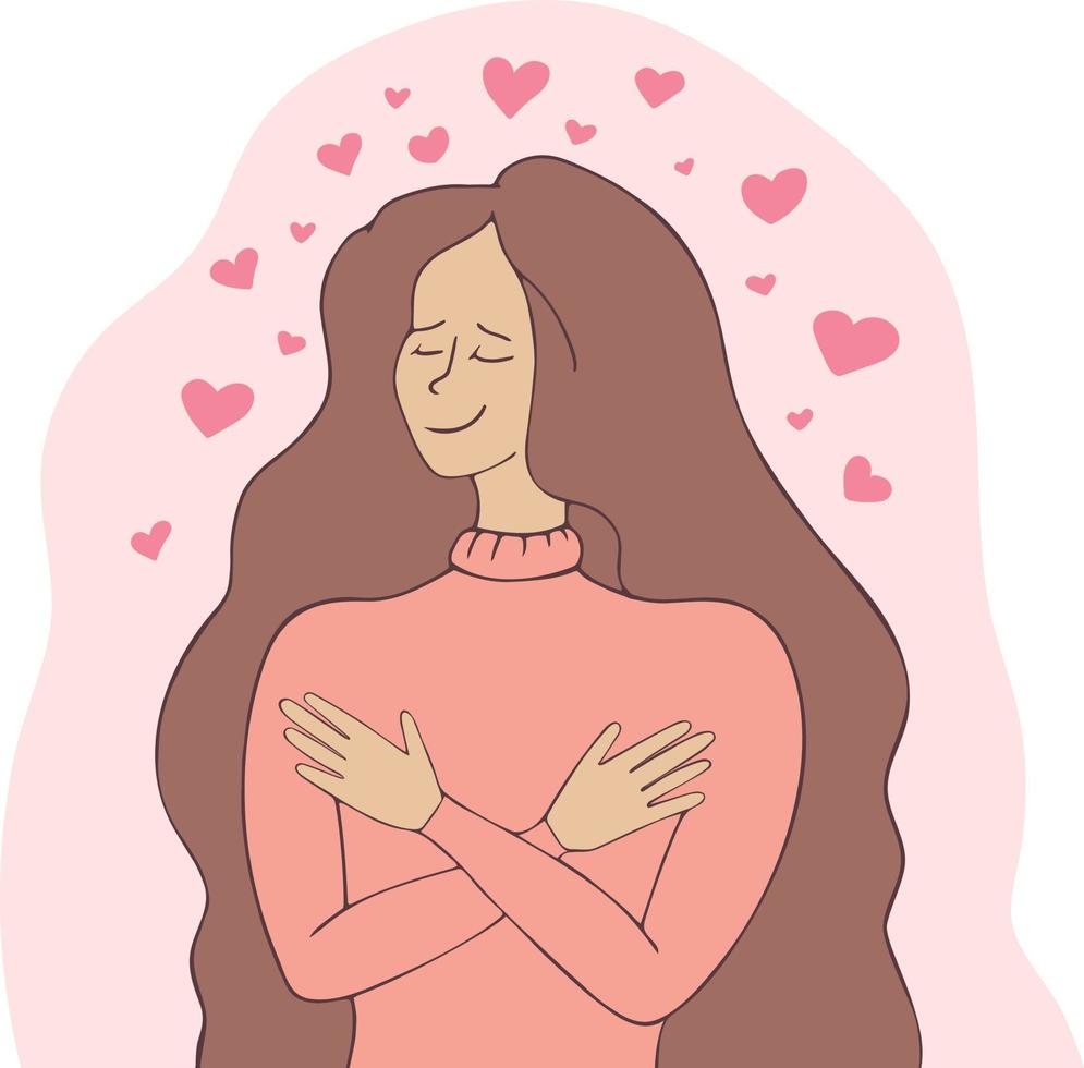 Woman holding herself. Feeling self love. Harmony. Selfcare and peace theme. Love yourself. Vector illustration