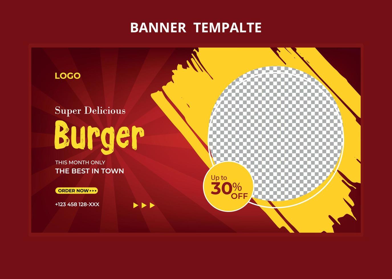 banner web de marketing en redes sociales del menú de comida del restaurante. miniatura de video de promoción de venta en línea de pizza, hamburguesa o hamburguesa. fondo del sitio web de comida rápida. volante de comida con logo e icono de negocio. vector