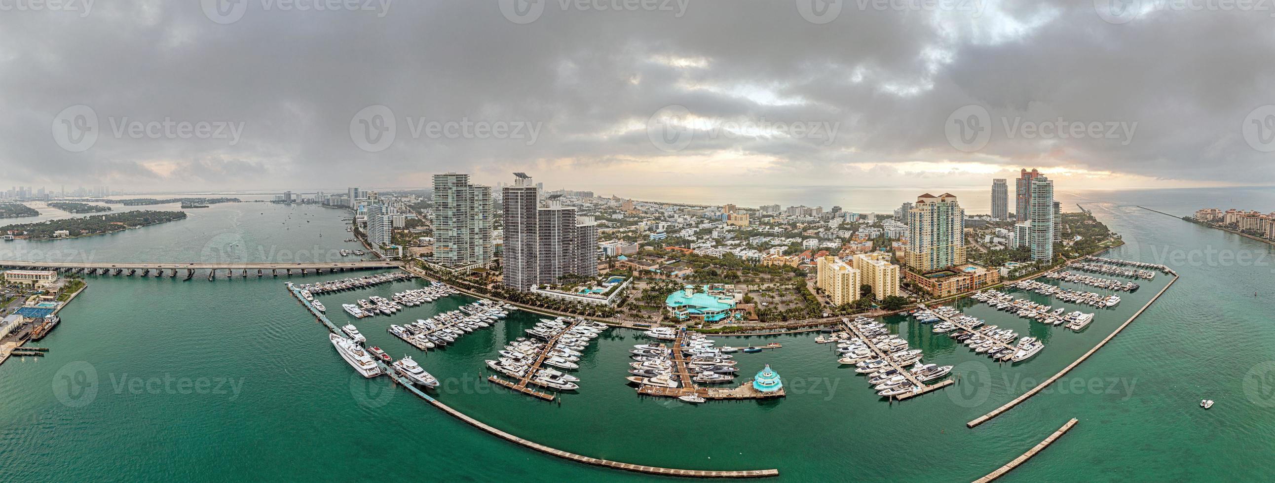 Drone panorama over Miami Beach skyline at dusk photo