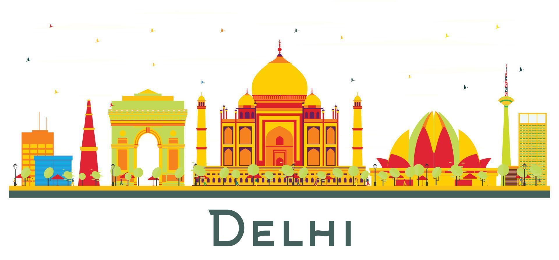 Delhi India City Skyline with Color Buildings Isolated on White. vector
