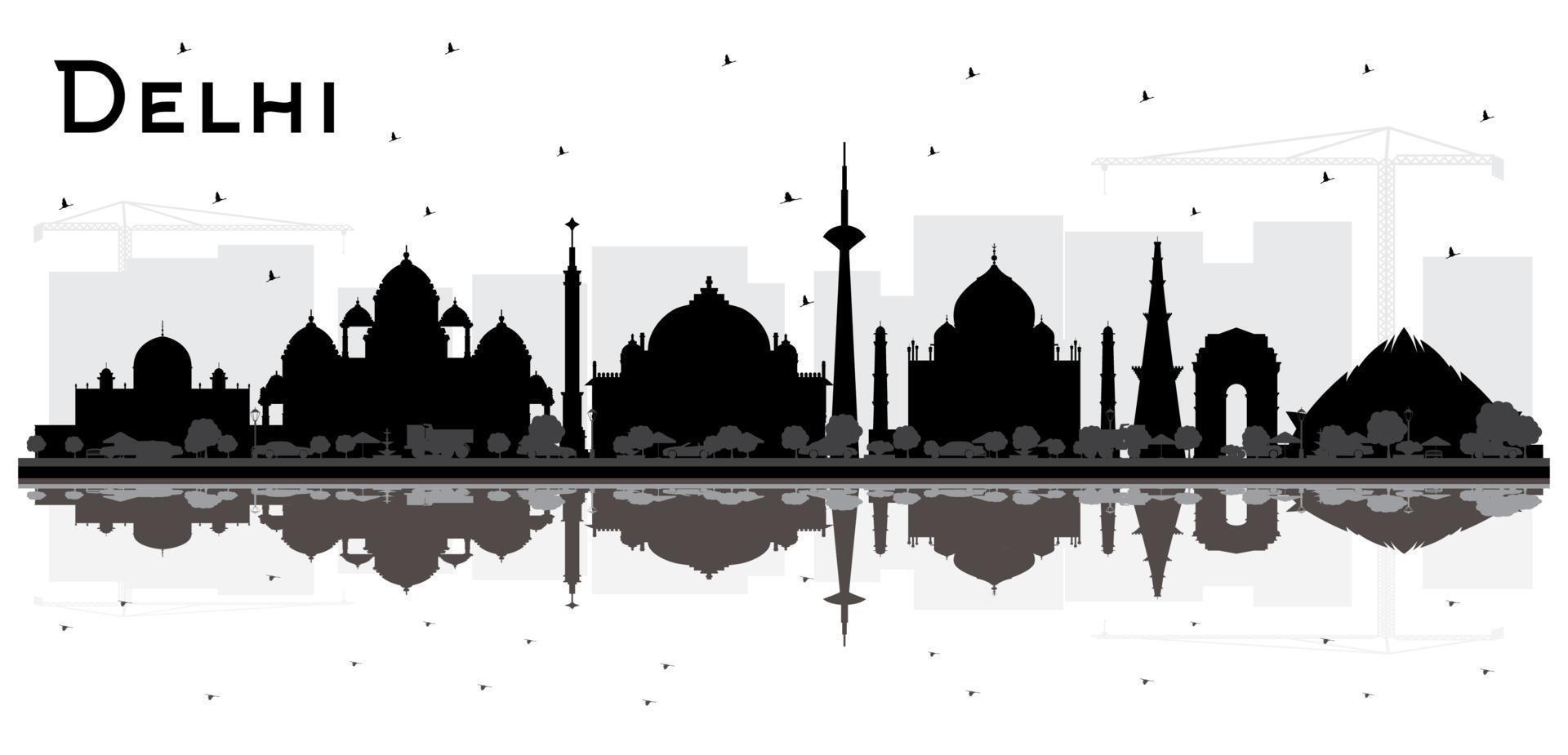 Delhi India City Skyline Black and White Silhouette with Reflections. vector