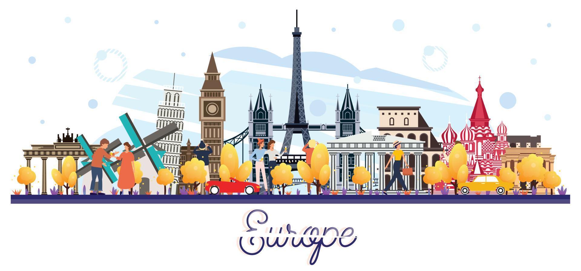 Famous Landmarks in Europe Isolated on White. Tourists Walking Near of Buildings. vector