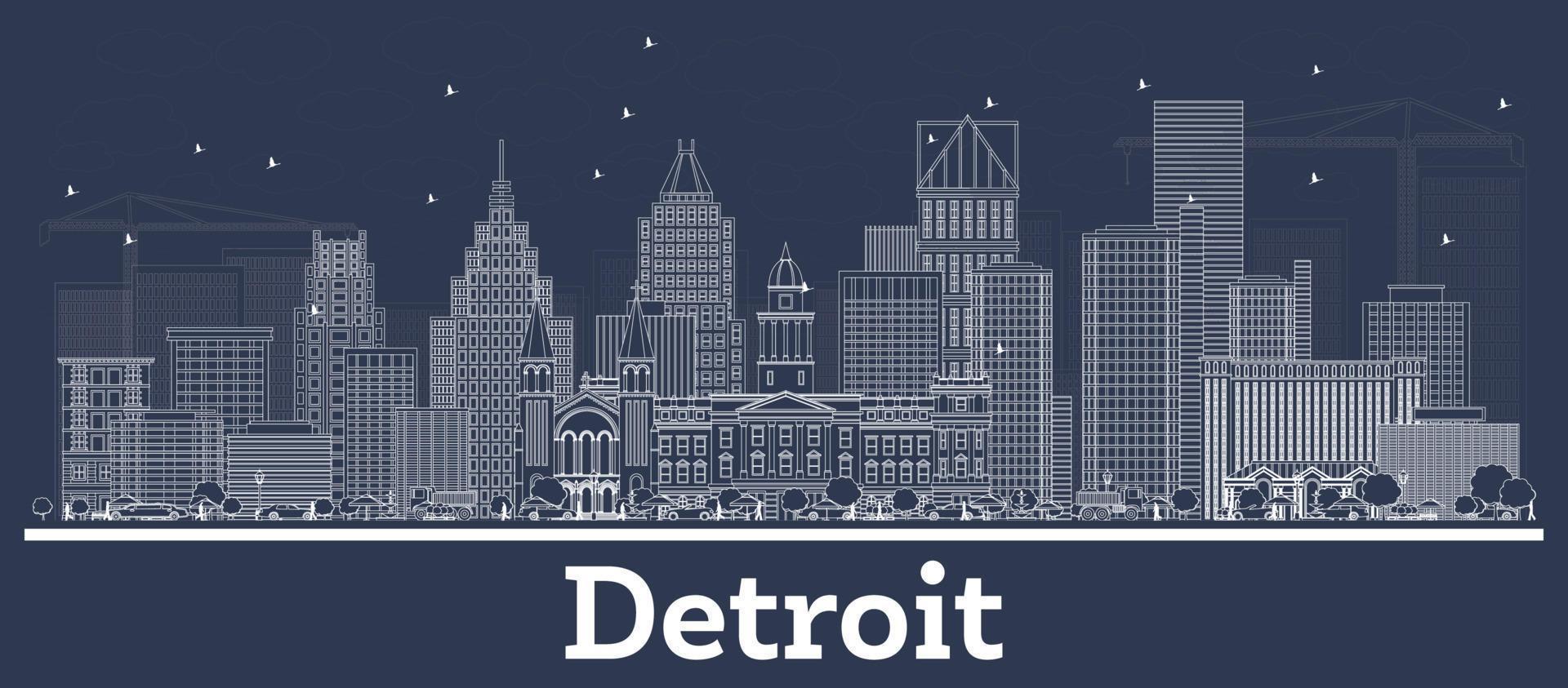 Outline Detroit Michigan City Skyline with White Buildings. vector