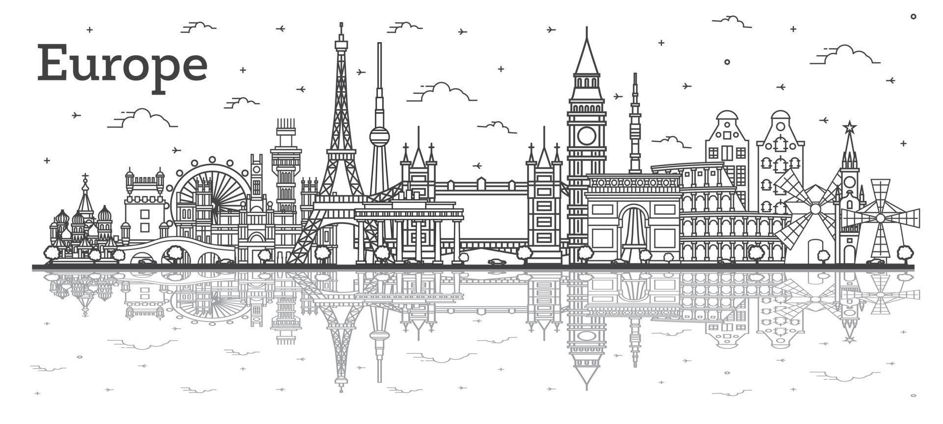 Outline Famous Landmarks in Europe with Reflections. vector