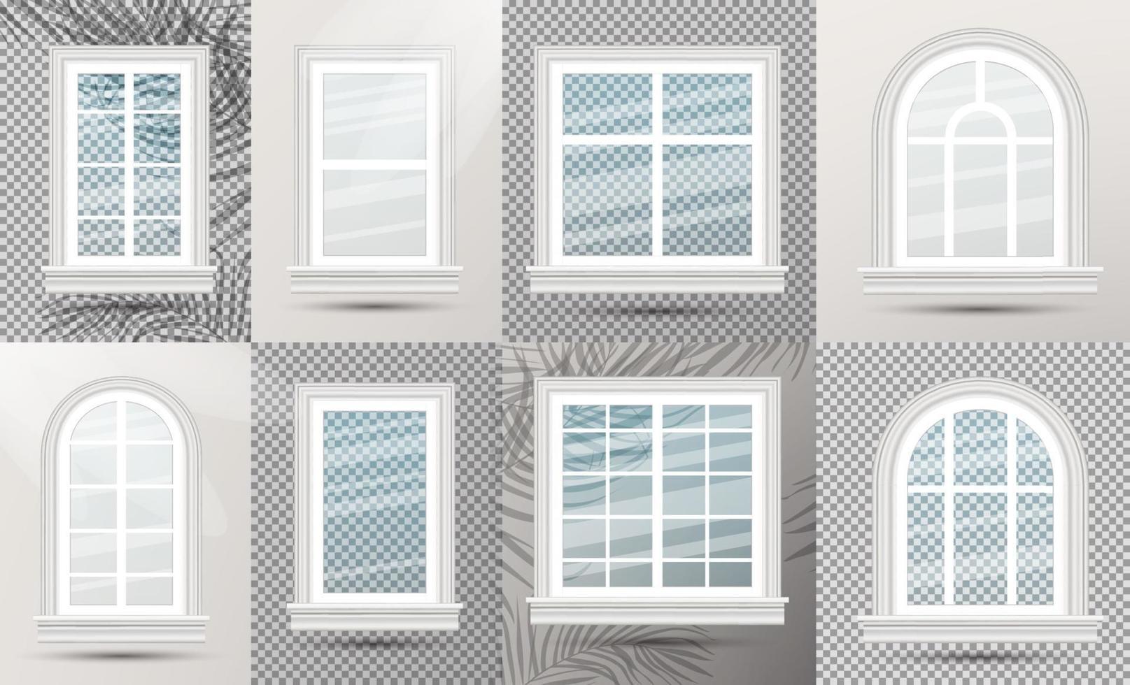Closed Realistic Glass Windows Set with Shadows. vector