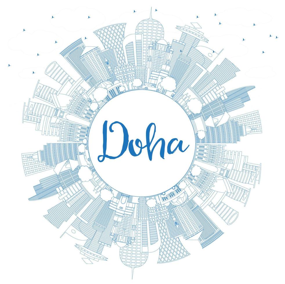 Outline Doha Qatar City Skyline with Blue Buildings and Copy Space. vector