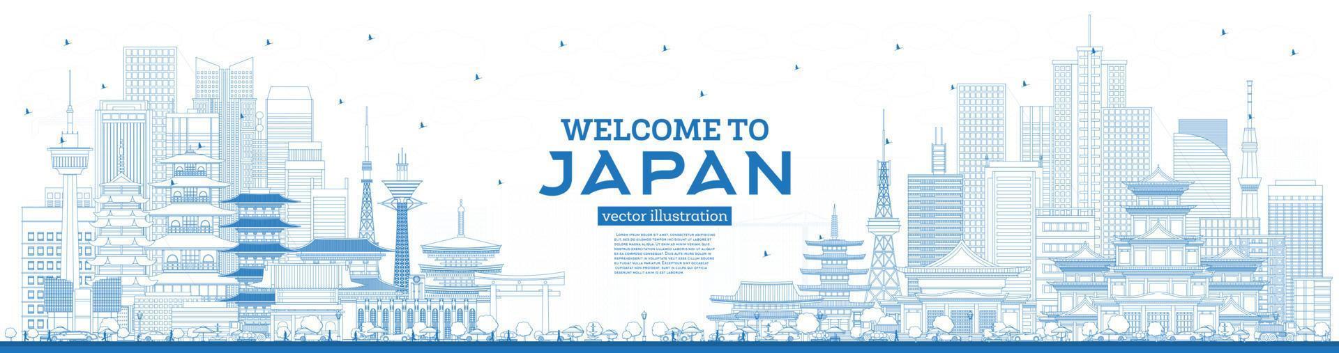 esquema bienvenido al horizonte de japón con edificios azules. vector