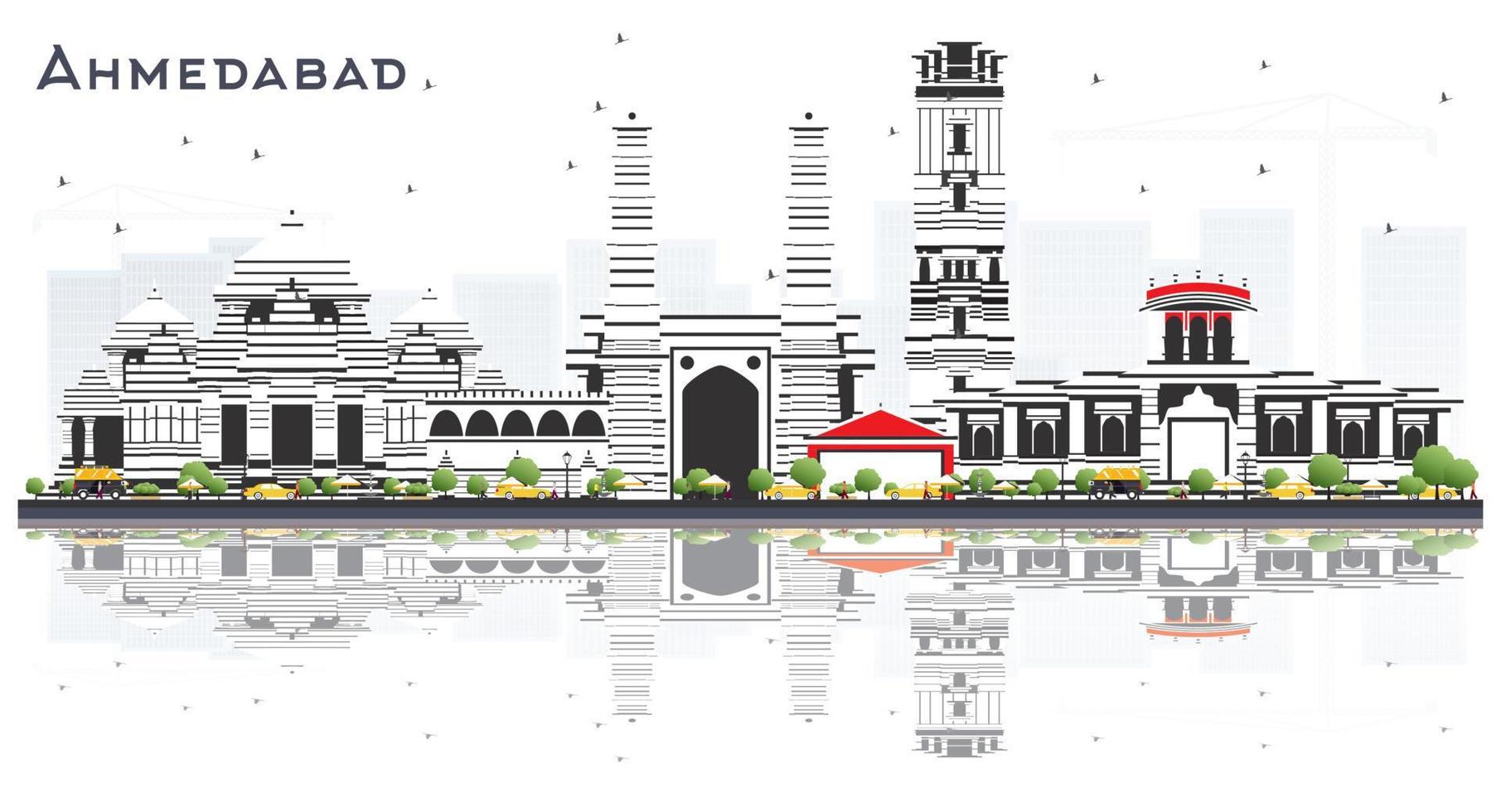 Ahmedabad India City Skyline with Color Buildings and Reflections Isolated on White. vector