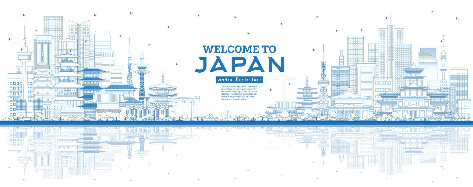 Outline Welcome to Japan Skyline with Blue Buildings. vector