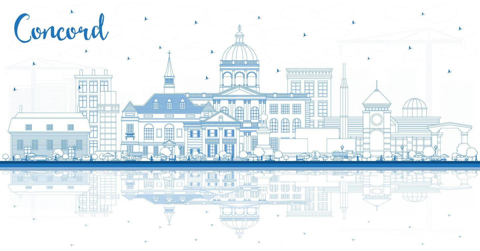 Outline Concord New Hampshire City Skyline with Blue Buildings and Reflections. vector