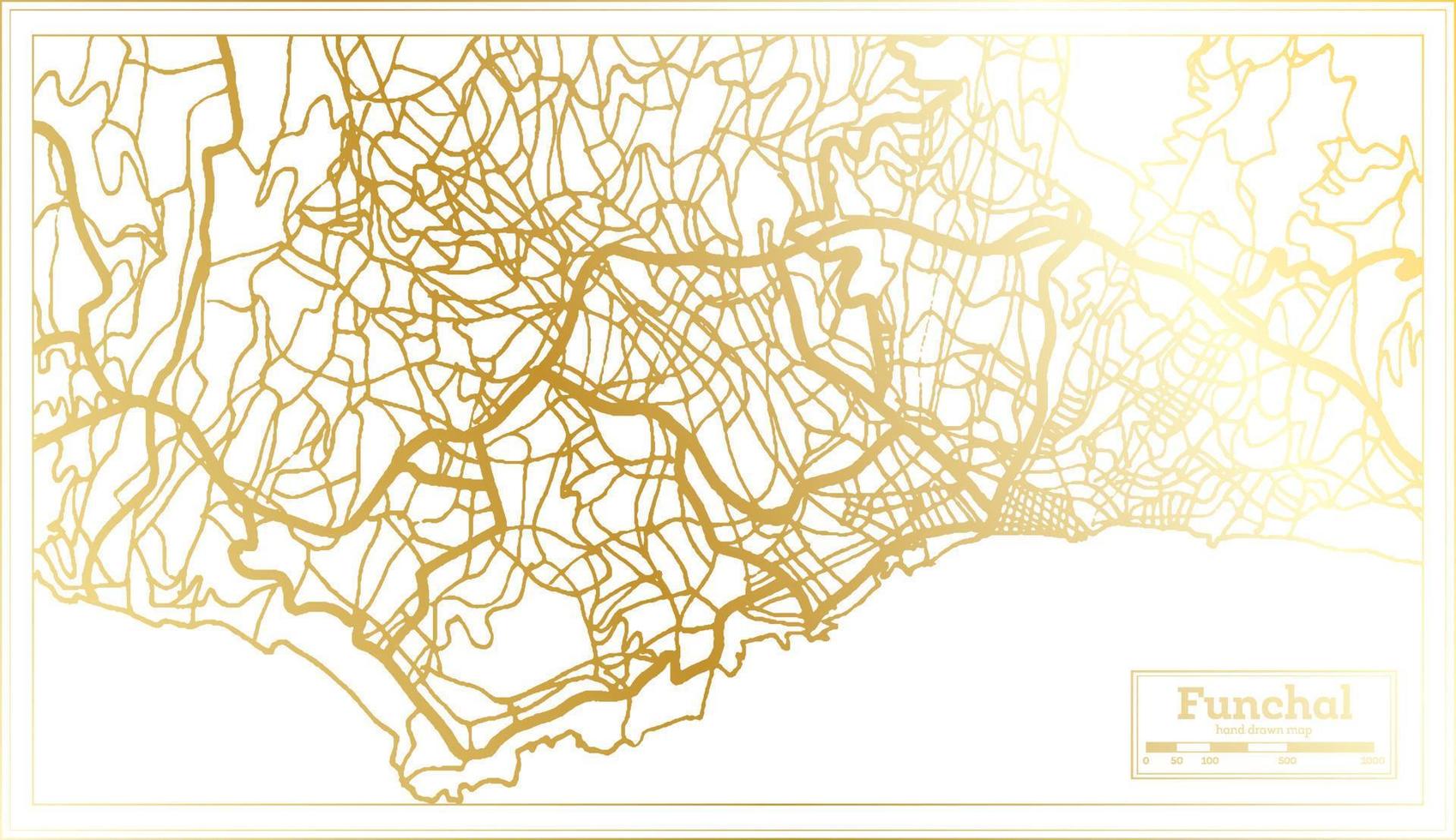 Funchal Portugal City Map in Retro Style in Golden Color. Outline Map. vector