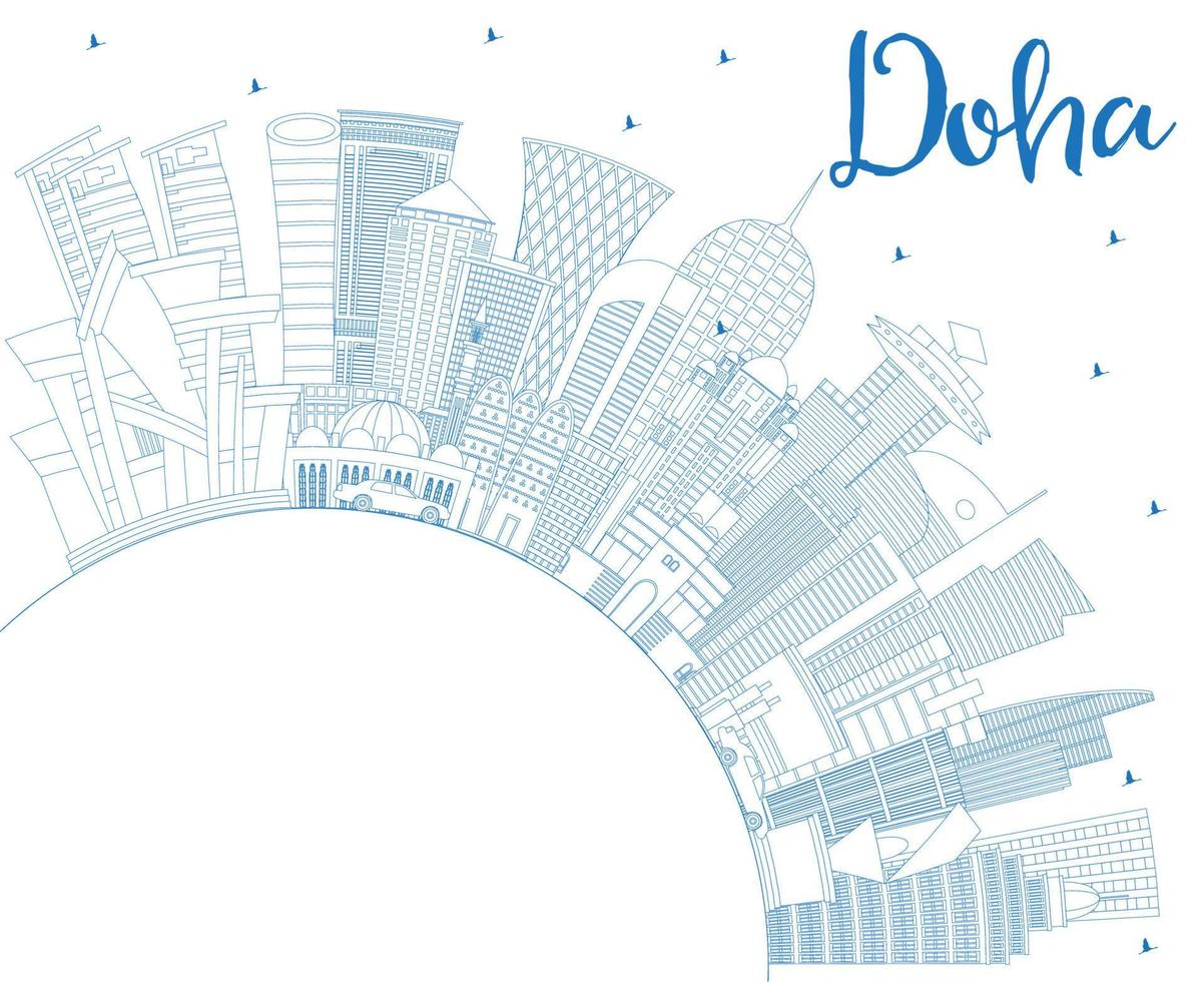 Outline Doha Qatar City Skyline with Blue Buildings and Copy Space. vector