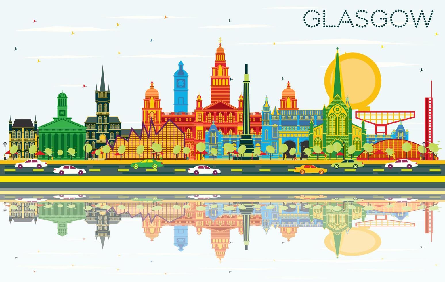 Glasgow Scotland City Skyline with Color Buildings, Blue Sky and Reflections. vector