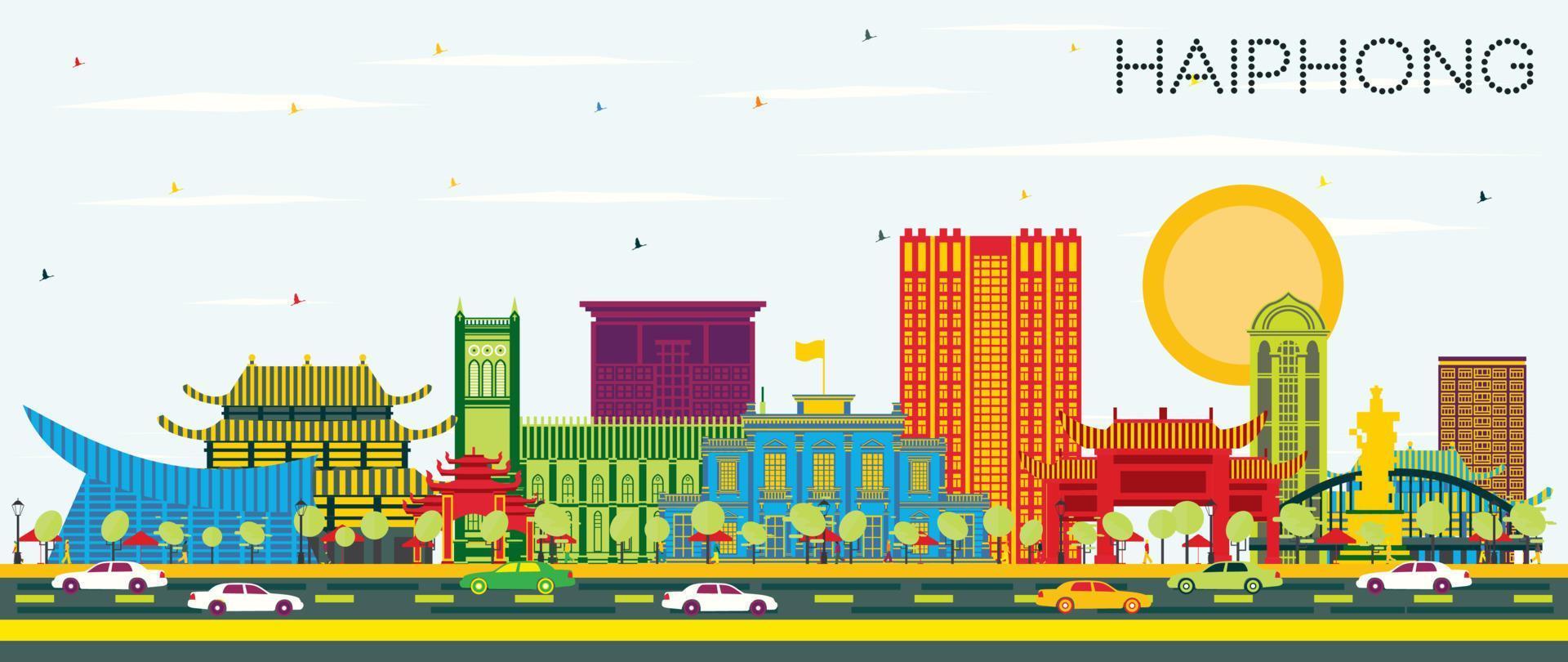 Haiphong Vietnam City Skyline with Color Buildings and Blue Sky. vector