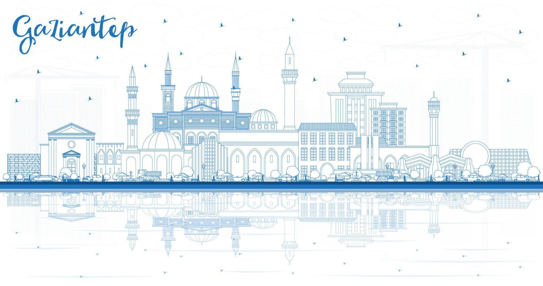 Outline Gaziantep Turkey City Skyline with Blue Buildings and Reflections. vector