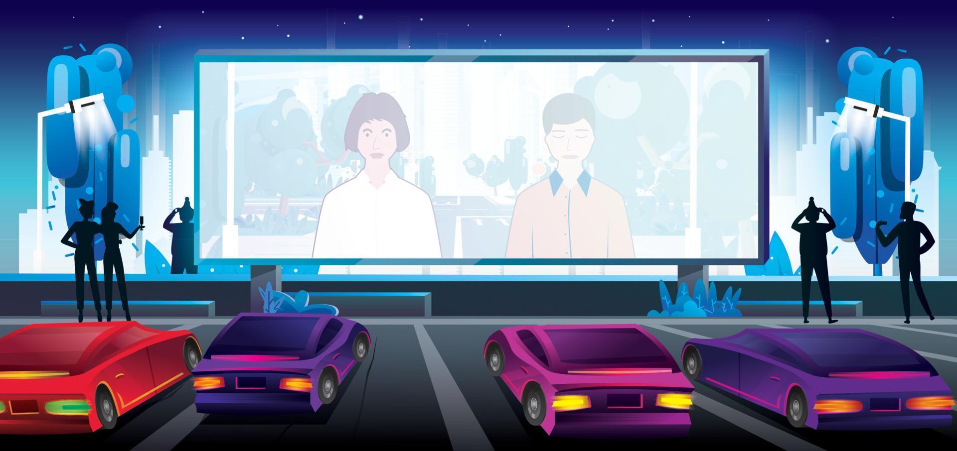 Car Cinema. Outdoor Cinema in City. Large Bright Screen with Movie Scene. Parked Cars. vector