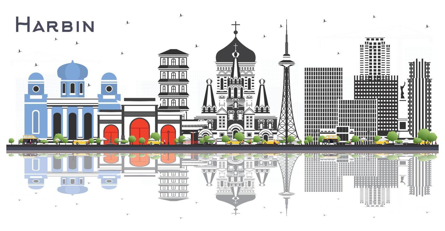 horizonte de la ciudad de harbin china con edificios grises y reflejos aislados en blanco. vector