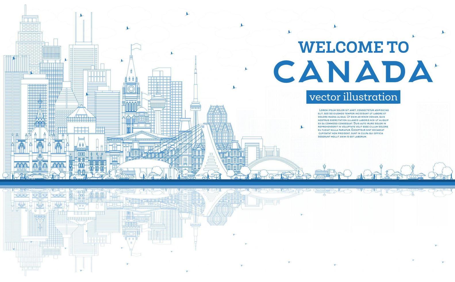 esquema bienvenido al horizonte de la ciudad de canadá con edificios azules. vector