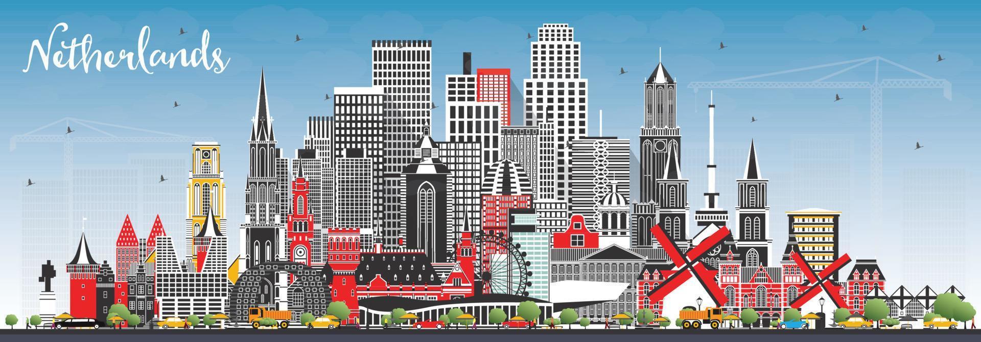 Netherlands Skyline with Gray Buildings and Blue Sky. vector