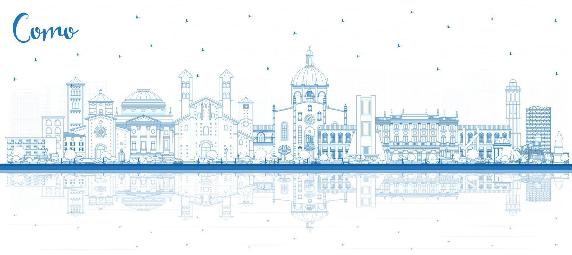 Outline Como Italy City Skyline with Blue Buildings and Reflections. vector