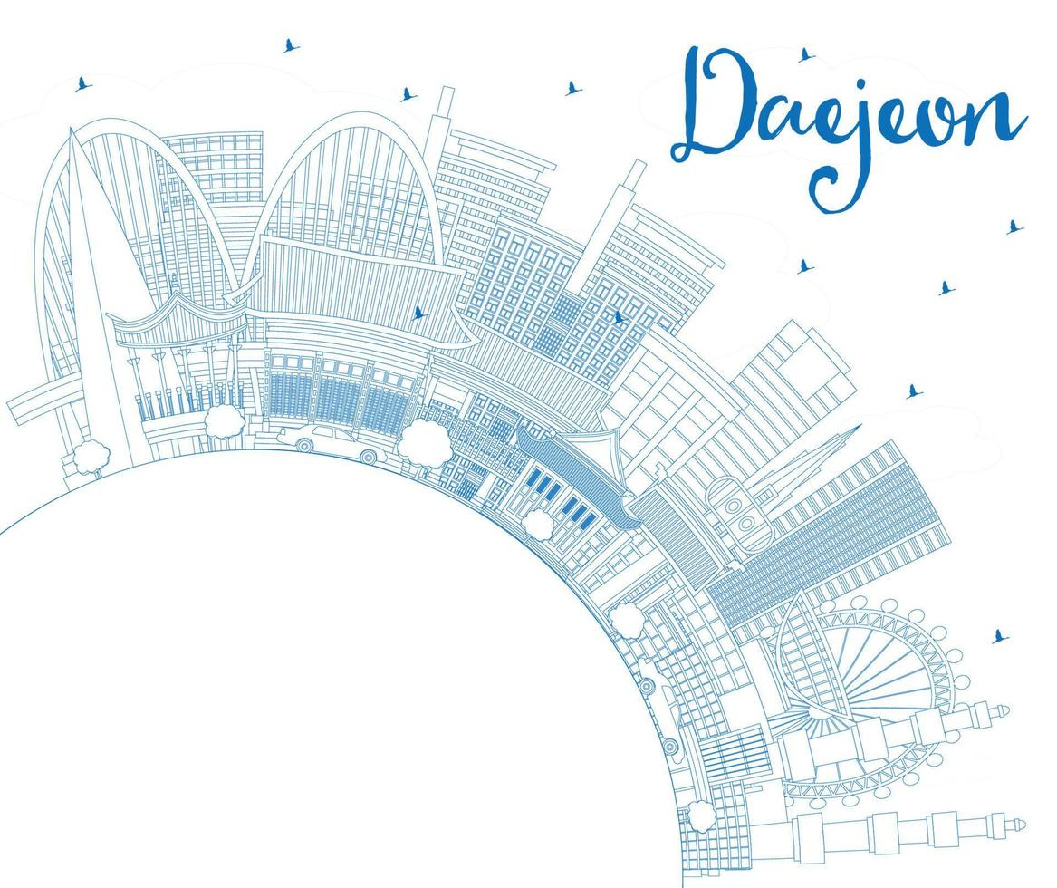 delinee el horizonte de la ciudad de daejeon, corea del sur, con edificios azules y copie el espacio. vector