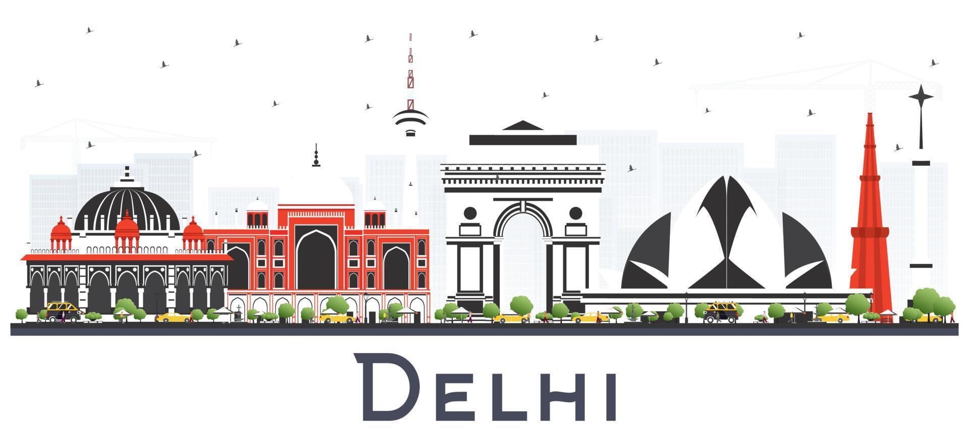 Delhi India City Skyline with Color Buildings Isolated on White Background. vector